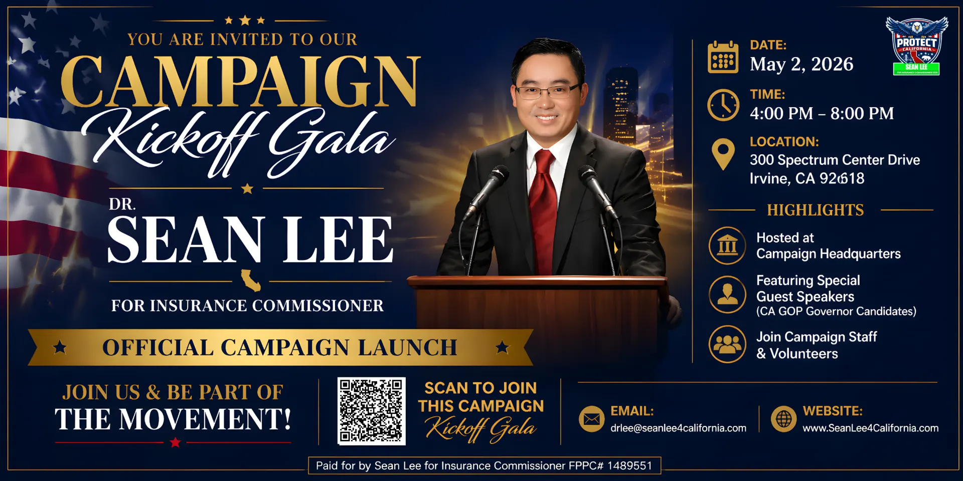 Campaign Kickoff Gala invitation flyer · Dr. Sean Lee for Insurance Commissioner · May 6, 2026 · 300 Spectrum Center Drive, Irvine, CA