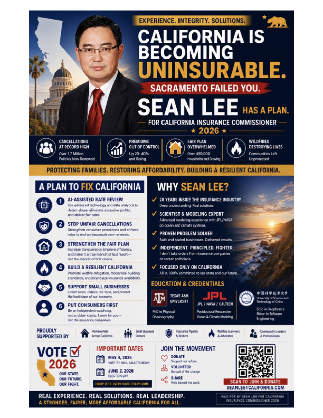 Dr. Sean Lee campaign one-pager poster: California is becoming uninsurable, Sacramento failed you, Sean Lee has a plan. Six-point plan, credentials, important dates, QR code to seanlee4california.com.